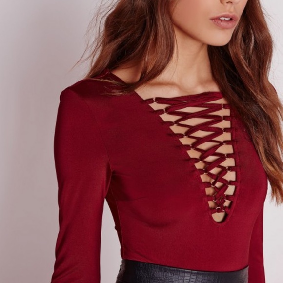Missguided Tops - Missguided Lattice Slinky Bodysuit Burgundy M
